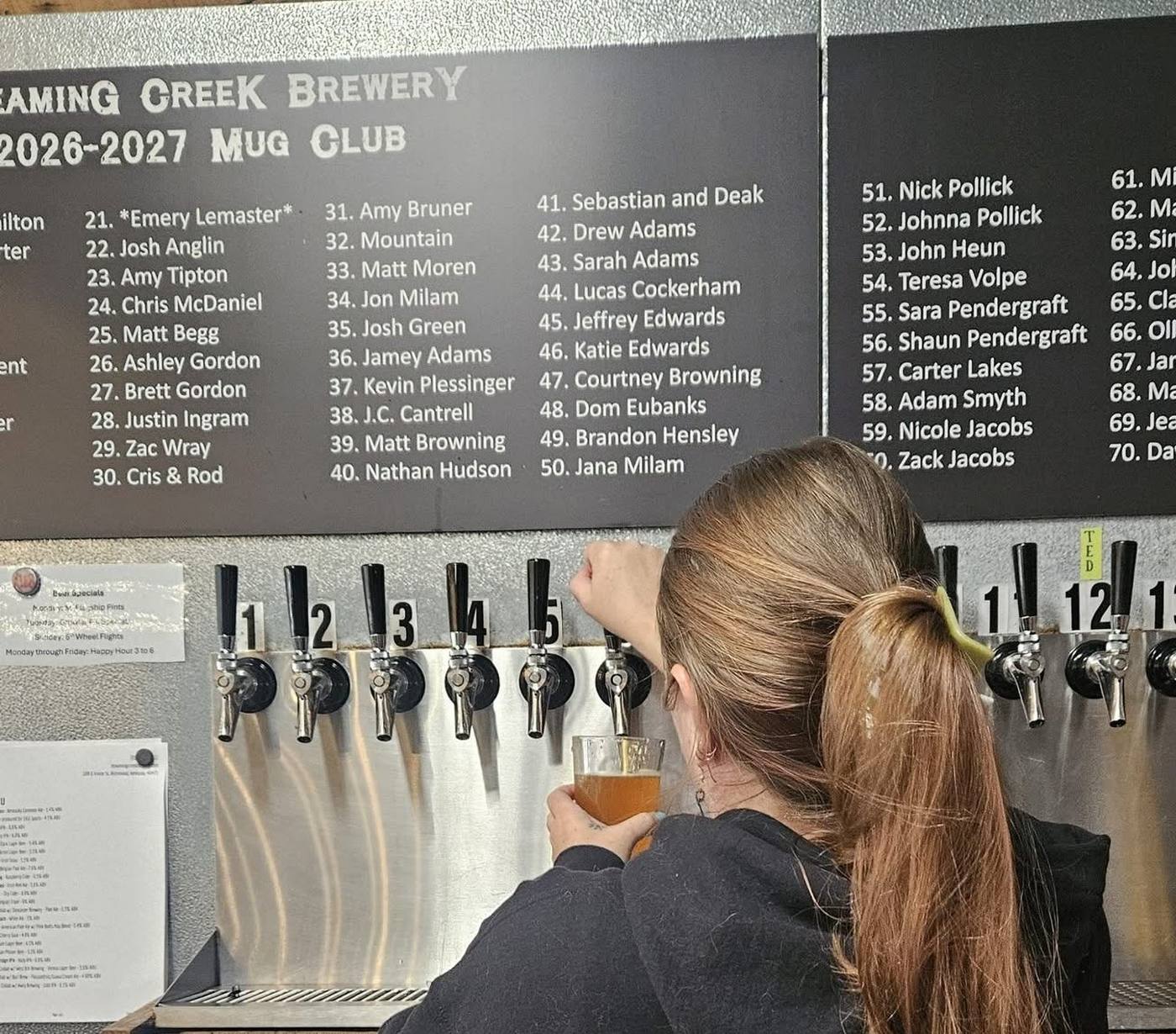 The Dreaming Creek mug club board above the tap wall